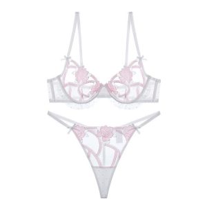 Sexy Floral Embroidered Lingerie Set for Women – Sheer Mesh Bra and Thong Panty with Ruffle Trim, Transparent Underwire Two Piece Intimate Set – JS5520
