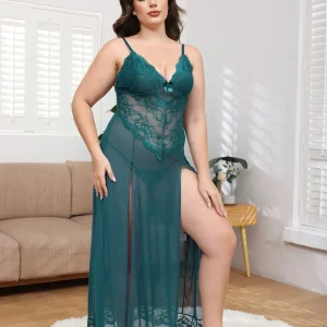 Plus Size Long Lace Mesh Nightgown with Slit – Sheer Babydoll Lingerie Dress with Deep V Neck and Bow Detail