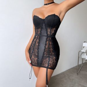 Women’s Lace Corset Mini Dress Lingerie with Garter Straps – Available in Multiple Colors
