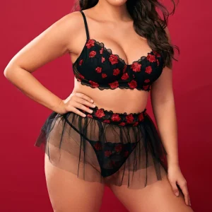 Plus Size Floral Embroidered Bra and Mesh Skirt Lingerie Set – 2-Piece Romantic Rose Lingerie
