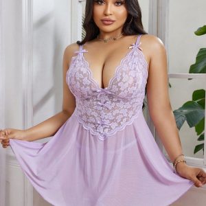 Sheer Lace Babydoll Lingerie Set with Bow Accents – Soft Mesh Chemise Nightwear for Women