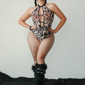 Plus Size Leopard Print Halter Mesh Bodysuit with Peekaboo Cut-Outs