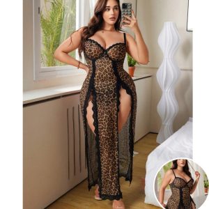 Sexy Leopard Print Sheer Mesh Lingerie Gown for Women – Plus Size Exotic Nightwear with Lace Trim and Slit Cutout – Seductive Transparent Chemise Dress