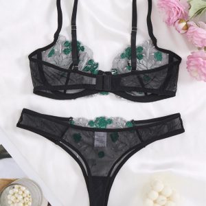 Sexy Floral Embroidered Lingerie Set for Women – Sheer Black Bra and Panty 2-Piece Set with Green Lace Mesh, Transparent Underwear