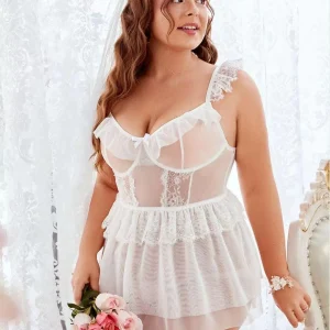 Ruffle Trim Sheer Mesh Babydoll Lingerie with Underwire & Lace – Plus Size Romantic Nightdress for Women