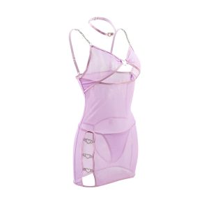 Sheer Mesh Cut-Out Lingerie Dress with Heart Ring Side Buckles – 2 Piece Sexy Nightwear Set