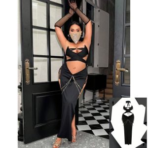 Sexy Black Cut-Out Maxi Dress with Chains – Halter Neck Sheer Lace Slit Dress for Women – Exotic Clubwear & Lingerie Party Outfit