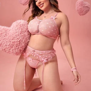Plus Size 3-Piece Mesh Heart Lingerie Set – Bralette, Garter Belt & Panty with Bows and Ruffles