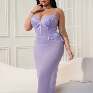 Elegant Plus Size Purple Sheer Lingerie Gown for Women – Floral Lace Bodice & Mesh Maxi Dress – Sexy Nightwear Sleepwear with Underwire Support
