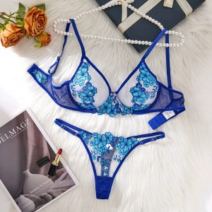 Sexy Blue Floral Embroidered Lingerie Set for Women – Sheer Mesh Bra and Thong Panty, 2-Piece See-Through Bra Set with Underwire & Double Straps