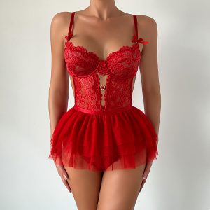 Tulle Skirt Lace Teddy Lingerie Bodysuit – Sheer Floral One-Piece with Peekaboo Cutouts Heart Charm