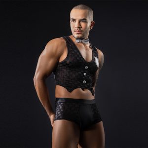 Men’s Sexy Butler Costume Set – Mesh Checkered Vest & Matching Boxer Briefs, See-Through Lingerie Uniform for Roleplay, Clubwear & Bedroom Fun