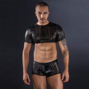 Men’s Sexy Cut-Out Mesh Crop Top & Boxer Brief Set – Shiny Hollow-Out Two-Piece Outfit, Breathable Clubwear, Exotic Lingerie for Men, See-Through Nightwear Bottoms & Short Sleeve Top