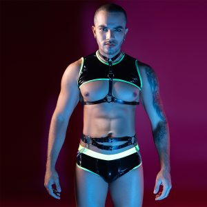 Men’s Neon Trim Fetish Lingerie Set with Chest Harness & Chain Decor – Shiny PU Leather Sexy Underwear, Bondage Clubwear Outfit for Parties, Raves & Roleplay