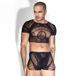 Men’s Sexy Mesh Underwear Set – Sheer Fishnet Crop Top & Boxer Shorts, Breathable Stretch Lingerie for Men, See-Through Clubwear Outfit for Parties, Roleplay & Bedroom Wear