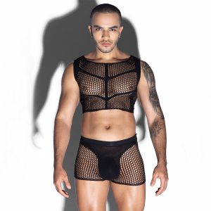 Men’s Black Fishnet Mesh Lingerie Set – Sexy See-Through Crop Top & Boxer Shorts, Erotic Nightwear for Men, Clubwear, Underwear Costume for Parties & Bedroom Fun