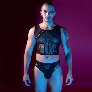 Men’s Sexy Mesh Lingerie Set – 2-Piece Sheer Fishnet Crop Top & Bikini Briefs, Stretch Hollow Out Bodysuit, Erotic Clubwear Underwear for Men, Black Mesh Costume
