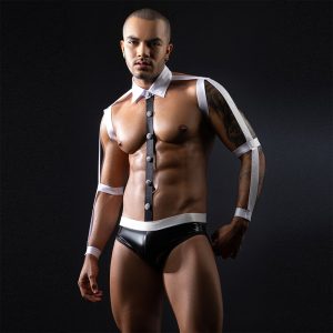 Men’s Sexy Butler Costume Lingerie Set – Formal Collar Harness Top with Button Strap & Glossy Briefs, Erotic Roleplay Outfit for Party, Clubwear & Couples