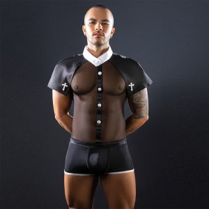 Men’s Sexy Priest Costume Lingerie – Sheer Mesh Top with Cape, Cross Detail, Boxer Shorts | Cosplay Roleplay Outfit for Parties, Clubwear & Bedroom Fun