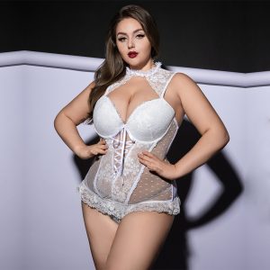 Plus Size White Lace Corset – Bridal Teddy with Lace-Up Front